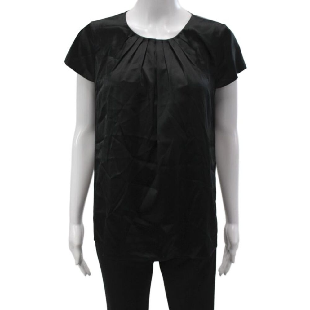 Vince Women Black Silk Basic Blouse Cap Sleeve Round Neck Button Size M